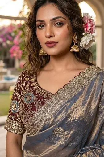 Grey Color embroidery And sequence work  Satin Saree