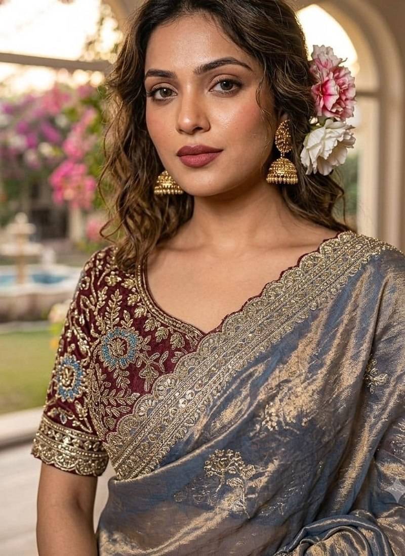 Grey Color embroidery And sequence work  Satin Saree