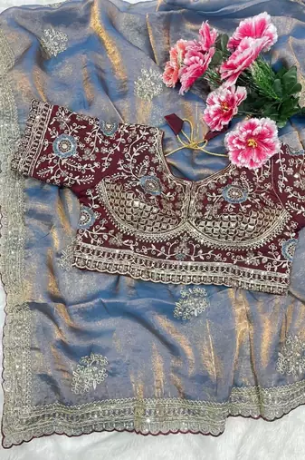 Grey Color embroidery And sequence work  Satin Saree