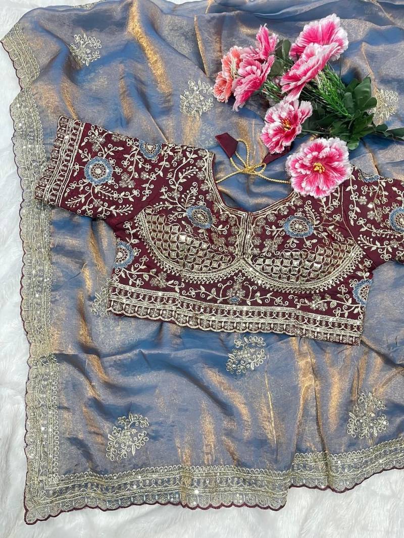 Grey Color embroidery And sequence work  Satin Saree
