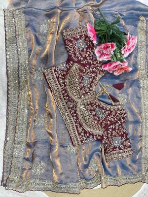 Grey Color embroidery And sequence work  Satin Saree 4