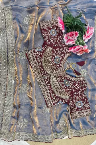 Grey Color embroidery And sequence work  Satin Saree