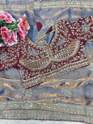 Grey Color embroidery And sequence work  Satin Saree 5