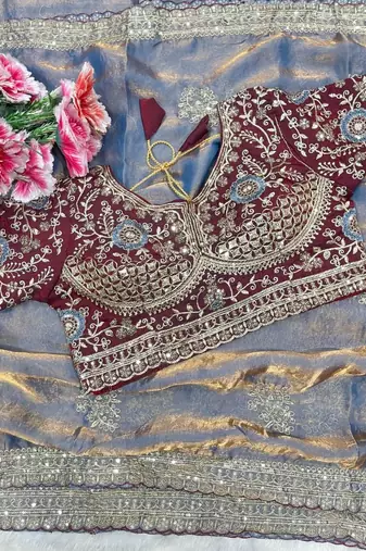 Grey Color embroidery And sequence work  Satin Saree