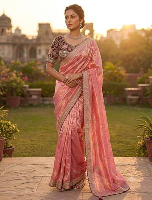 Pink Color embroidery And sequence work  Satin Saree 1