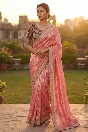 Pink Color embroidery And sequence work  Satin Saree