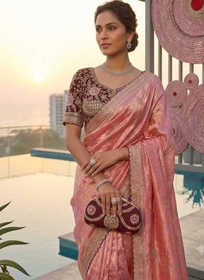 Pink Color embroidery And sequence work  Satin Saree 2