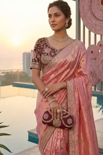 Pink Color embroidery And sequence work  Satin Saree