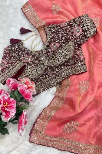 Pink Color embroidery And sequence work  Satin Saree