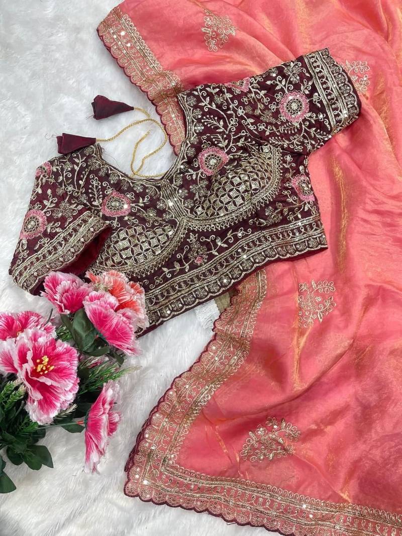 Pink Color embroidery And sequence work  Satin Saree