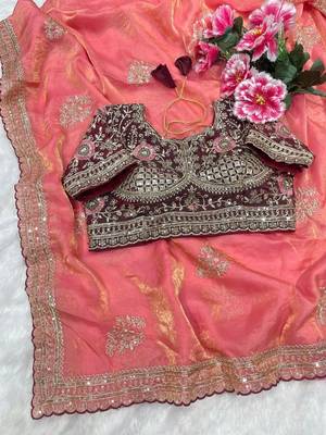 Pink Color embroidery And sequence work  Satin Saree 4