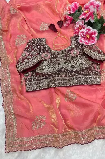 Pink Color embroidery And sequence work  Satin Saree