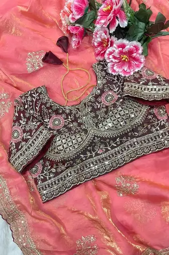 Pink Color embroidery And sequence work  Satin Saree