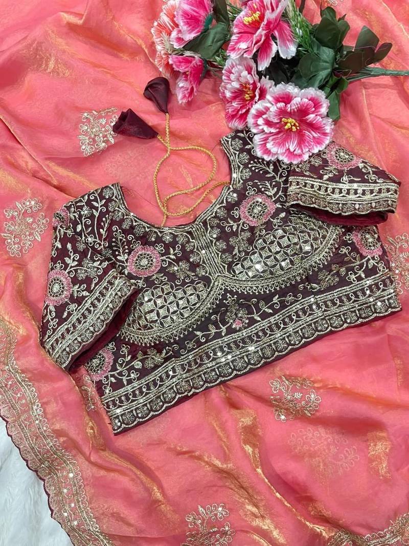 Pink Color embroidery And sequence work  Satin Saree