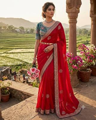 Red Color embroidery And sequence work  Satin Saree 1