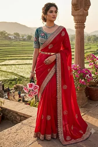 Red Color embroidery And sequence work  Satin Saree