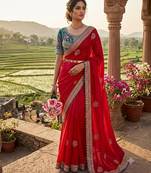 Red Color embroidery And sequence work  Satin Saree