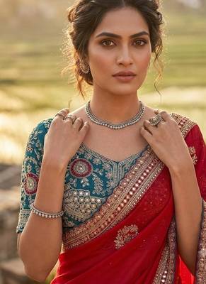 Red Color embroidery And sequence work  Satin Saree 2