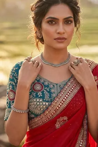 Red Color embroidery And sequence work  Satin Saree