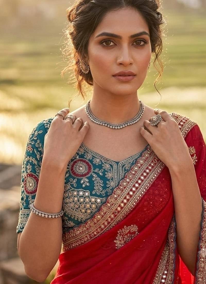 Red Color embroidery And sequence work  Satin Saree