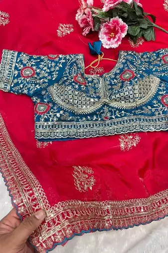 Red Color embroidery And sequence work  Satin Saree