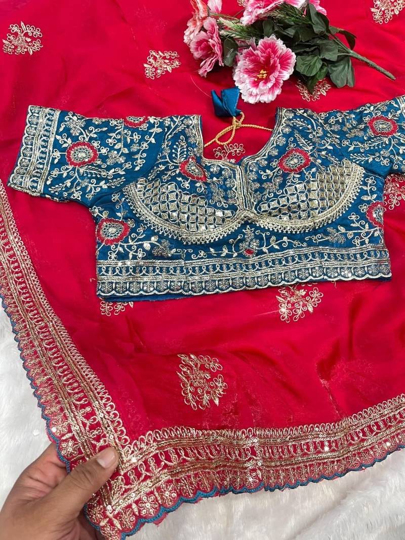 Red Color embroidery And sequence work  Satin Saree