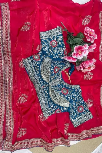 Red Color embroidery And sequence work  Satin Saree