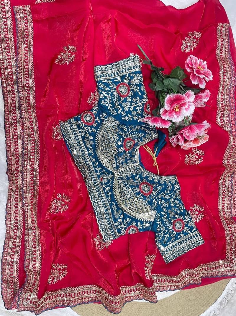 Red Color embroidery And sequence work  Satin Saree