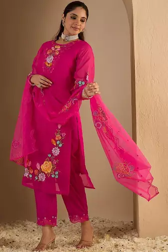Women Floral Embroidered Regular Thread Work Kurta with Trousers & With Dupatta