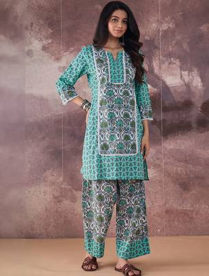 Ethnic Motifs Printed Notch Neck Pure Cotton Straight Kurta With Palazzos 1