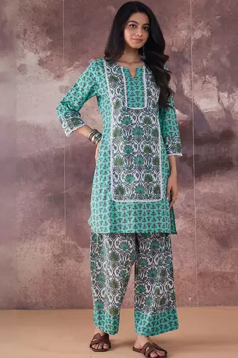 Ethnic Motifs Printed Notch Neck Pure Cotton Straight Kurta With Palazzos
