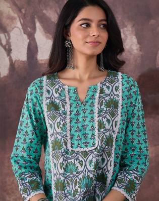 Ethnic Motifs Printed Notch Neck Pure Cotton Straight Kurta With Palazzos 2