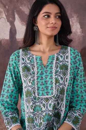 Ethnic Motifs Printed Notch Neck Pure Cotton Straight Kurta With Palazzos