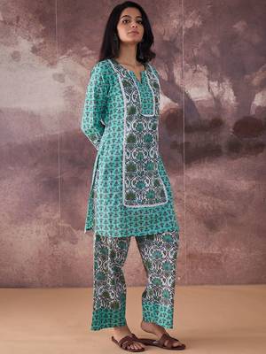 Ethnic Motifs Printed Notch Neck Pure Cotton Straight Kurta With Palazzos 3