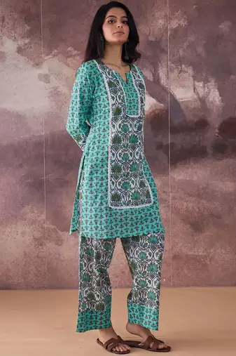 Ethnic Motifs Printed Notch Neck Pure Cotton Straight Kurta With Palazzos