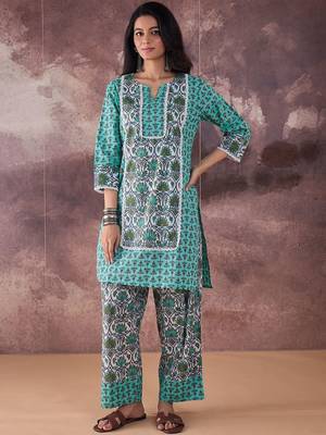 Ethnic Motifs Printed Notch Neck Pure Cotton Straight Kurta With Palazzos 4