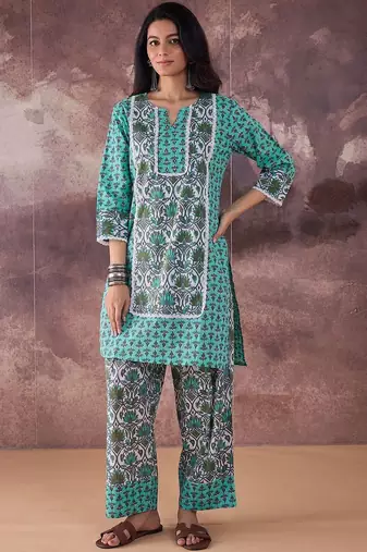 Ethnic Motifs Printed Notch Neck Pure Cotton Straight Kurta With Palazzos