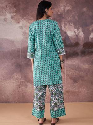 Ethnic Motifs Printed Notch Neck Pure Cotton Straight Kurta With Palazzos 5
