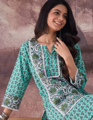 Ethnic Motifs Printed Notch Neck Pure Cotton Straight Kurta With Palazzos 6