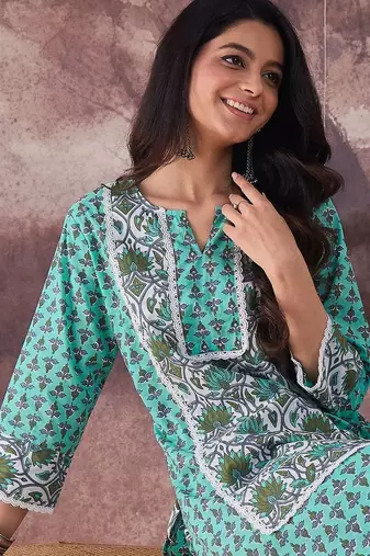Ethnic Motifs Printed Notch Neck Pure Cotton Straight Kurta With Palazzos