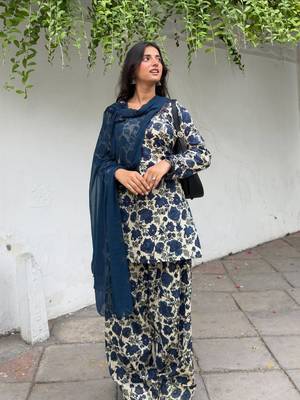 Neavy Blue Color Printed Work Cotton Salwar Suit 1