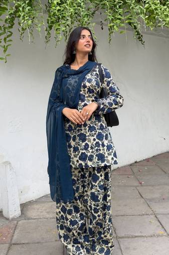 Neavy Blue Printed Work Cotton Salwar Suit