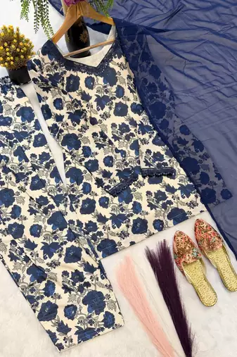 Neavy Blue Color Printed Work Cotton Salwar Suit