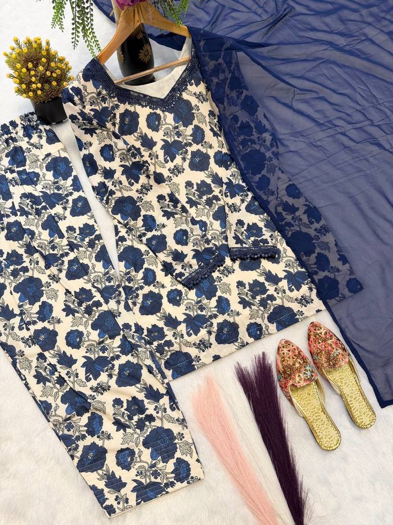 Neavy Blue Color Printed Work Cotton Salwar Suit