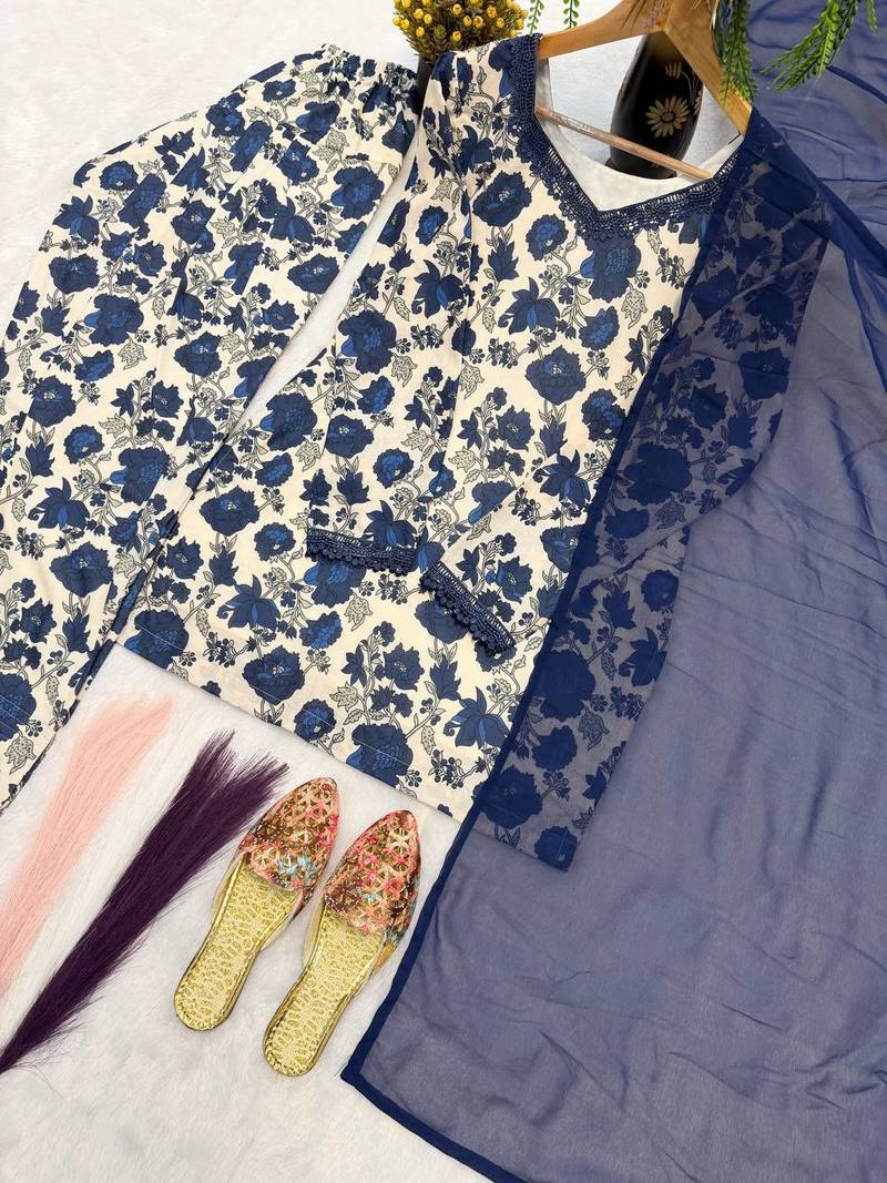 Neavy Blue Color Printed Work Cotton Salwar Suit