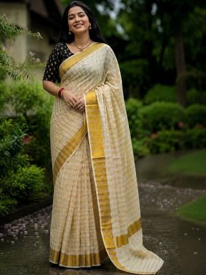 Checked Pure Cotton Designer Kasavu Saree 1