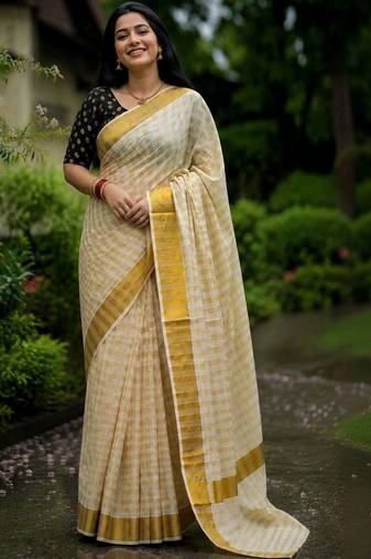 Checked Pure Cotton Designer Kasavu Saree