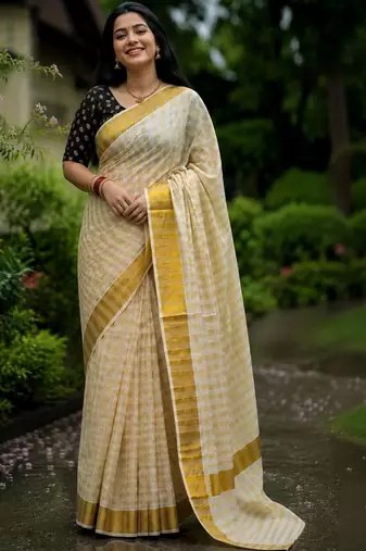 Checked Pure Cotton Designer Kasavu Saree