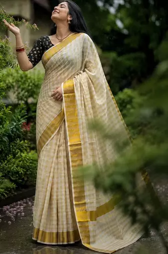 Checked Pure Cotton Designer Kasavu Saree