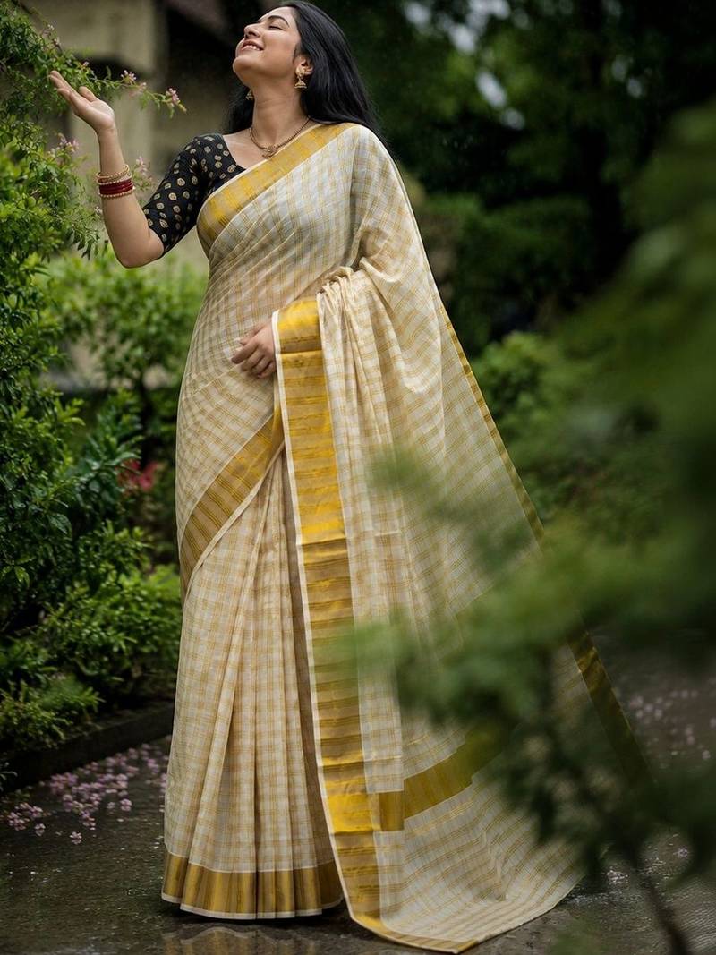 Checked Pure Cotton Designer Kasavu Saree
